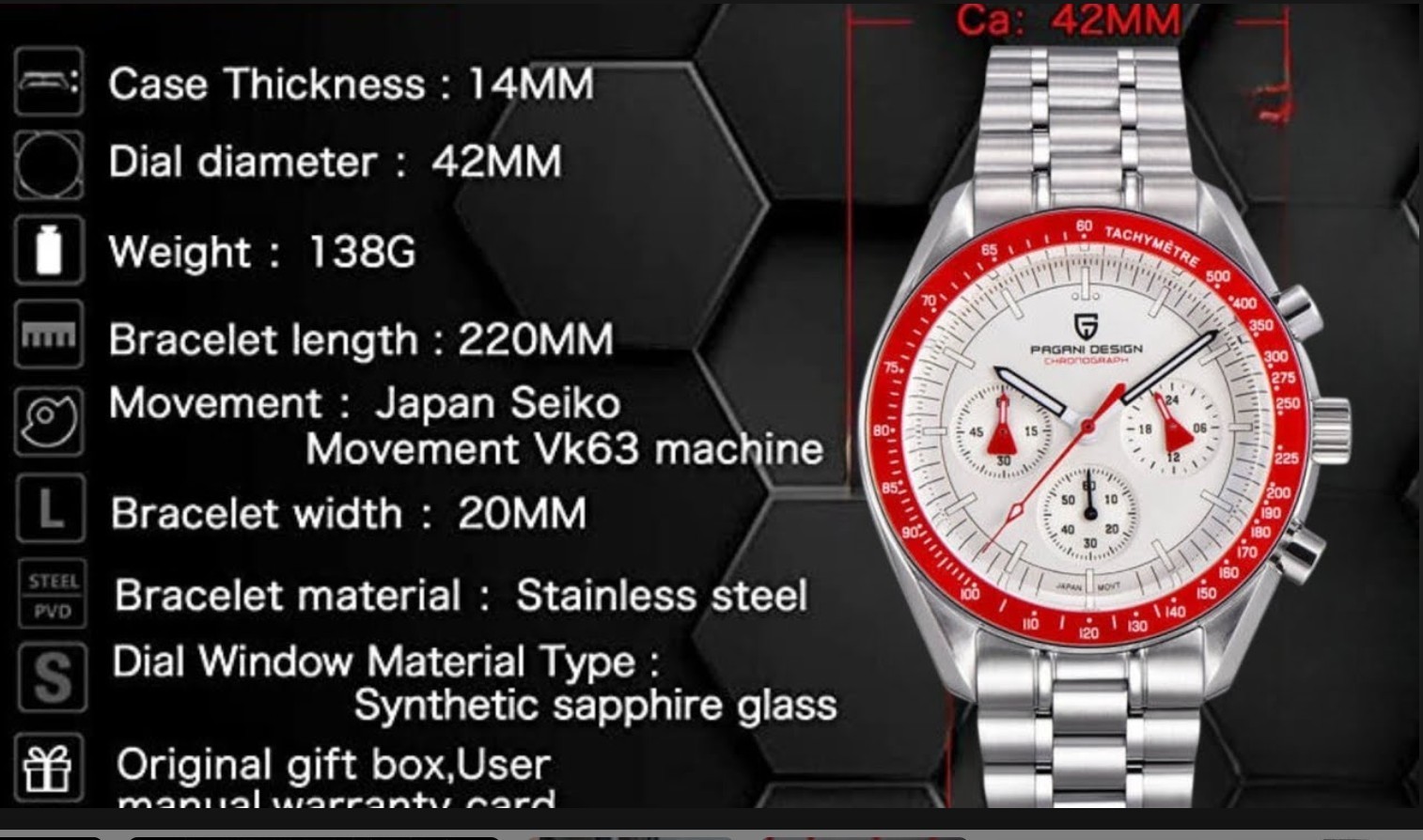 🔥USA🔥PAGANI DESIGN PD-1701 Moon Men’s Chronograph Watch VK63 Quartz 100M RED
