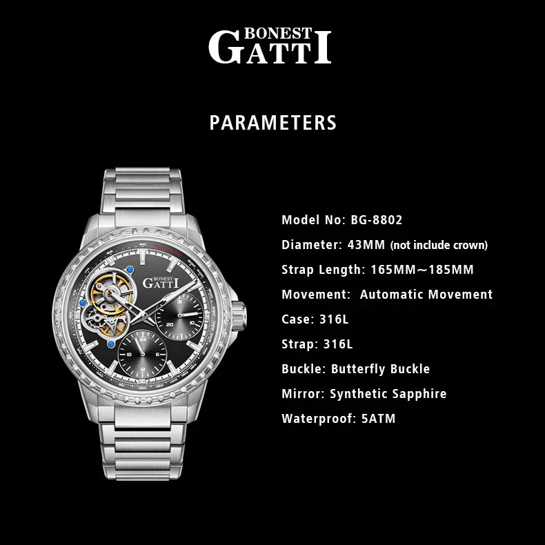 BONEST GATTI Men’s Dial Sapphire Tourbillon Automatic Watch Black 43 mm