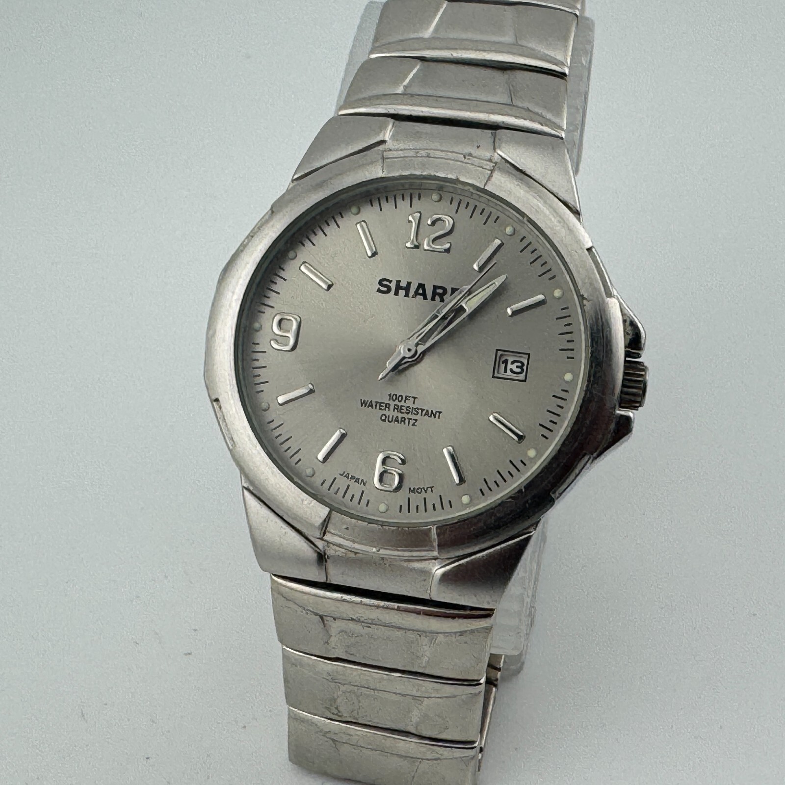 VTG Sharp Quartz Watch Men 30m Silver Date Japan Movt Analog New Battery 7.5″