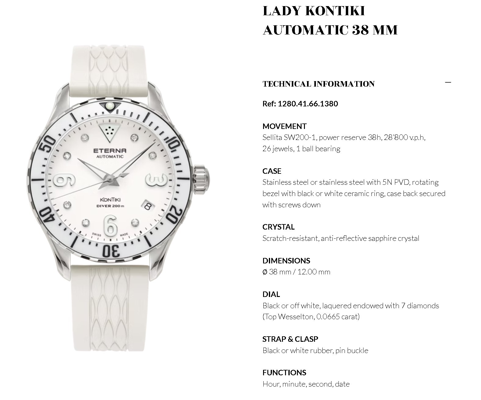 Eterna 11.1280.41.66.1380 Kontiki Diver Diamond white silver Rubber Womens Watch