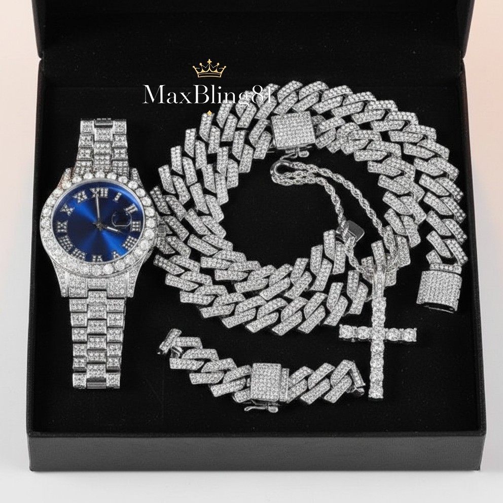 Hip Hop Simulated Diamond Luxury Watch & Iced Cuban Chain Necklace Bracelet set
