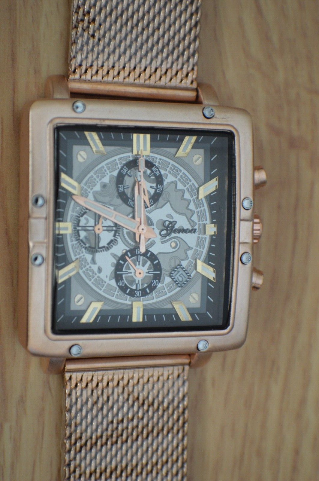 Genoa Multifunction Watch W/ ION Plated Rose Gold Stainless Steel Mesh Strap