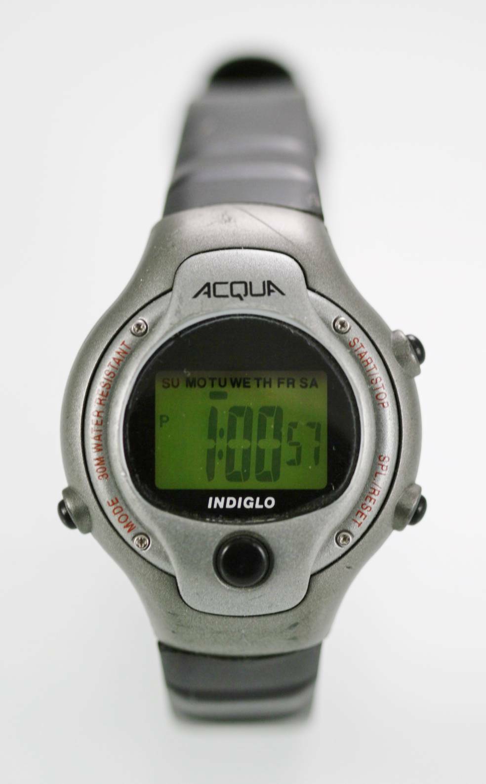 Acqua Watch Womens Date Light Chro Alarm 24hr Gray Black Plastic Rubber 30m