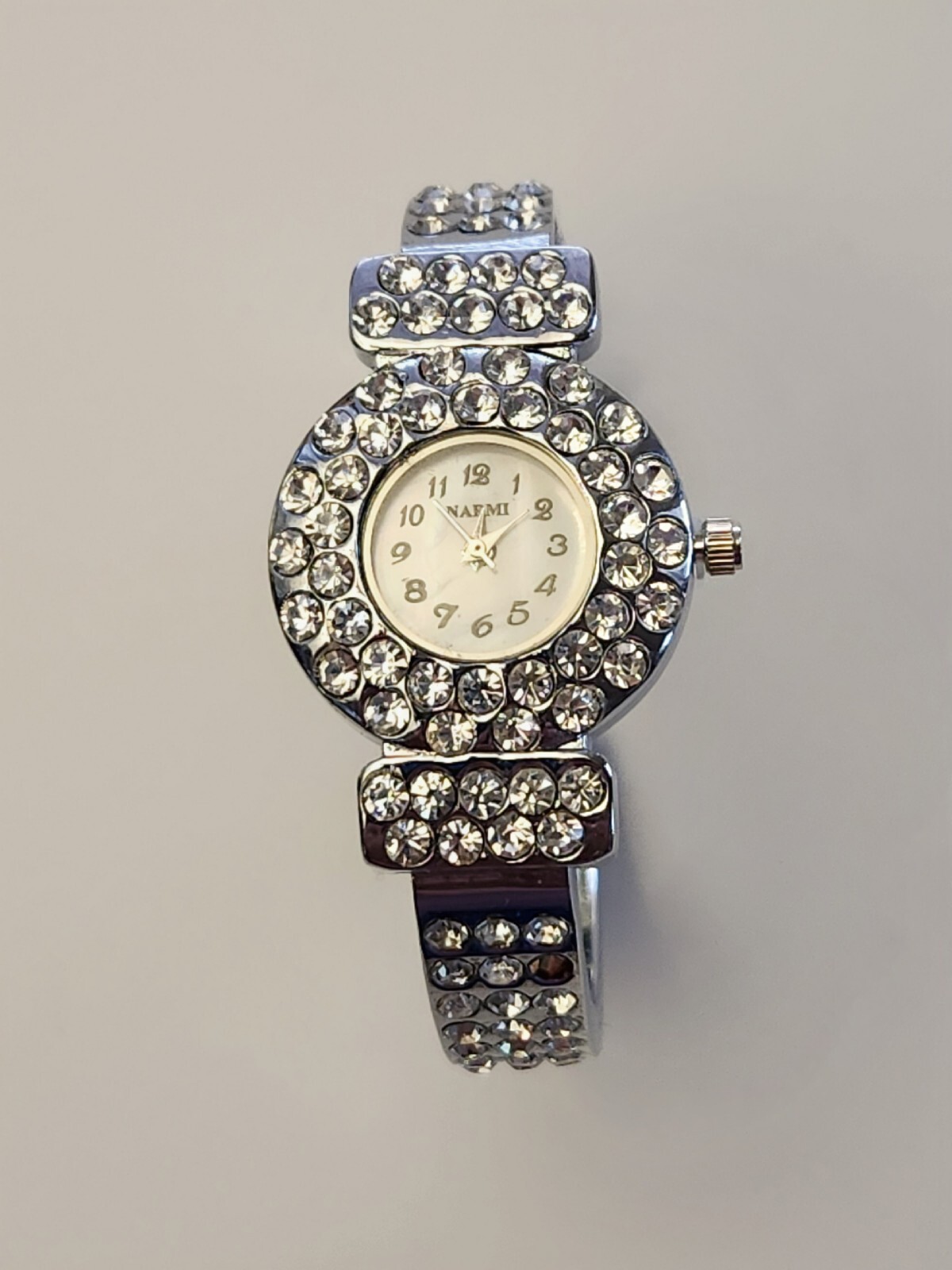 Narmi Bracelet Watch, NEW Rhinestone & Silvertone Clear Bead Crystals. Stem Tag