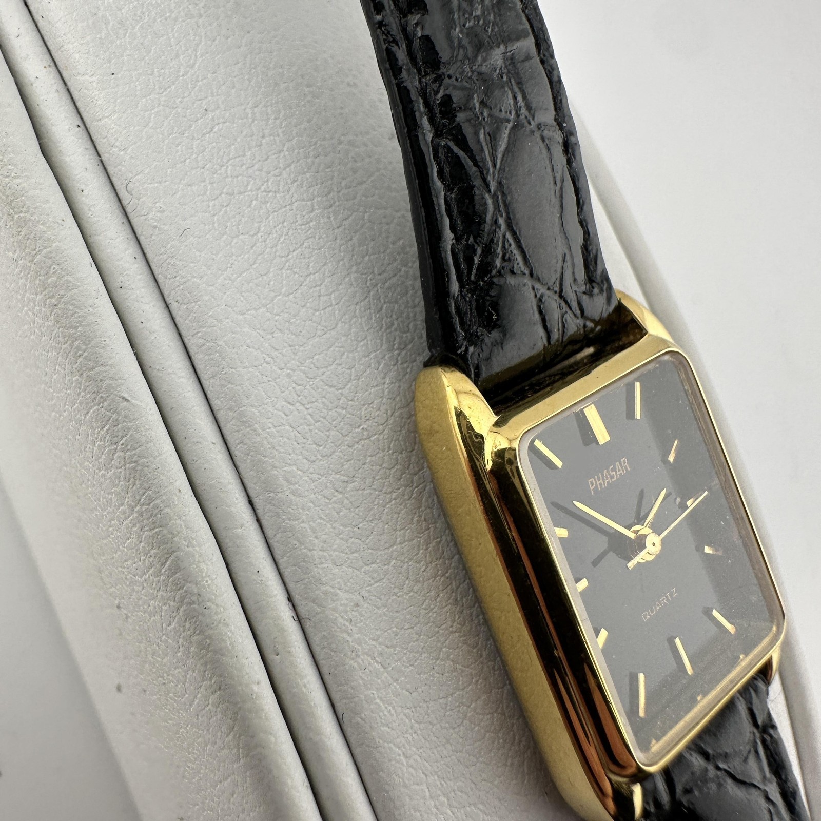 Vintage Phasar Watch Womens Rectangular Gold Tone Black Dial Quartz Japan Strap