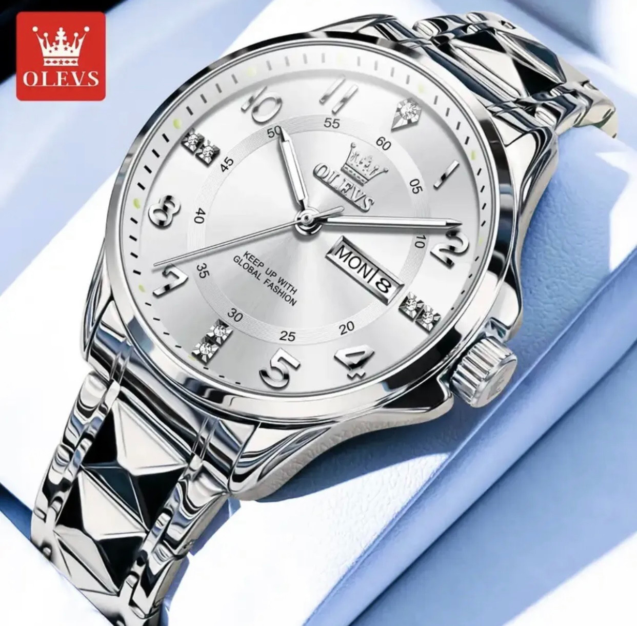 OLEVS Quartz Watch for Men Luxury Diamond Luminous Stainless Steel New Silver