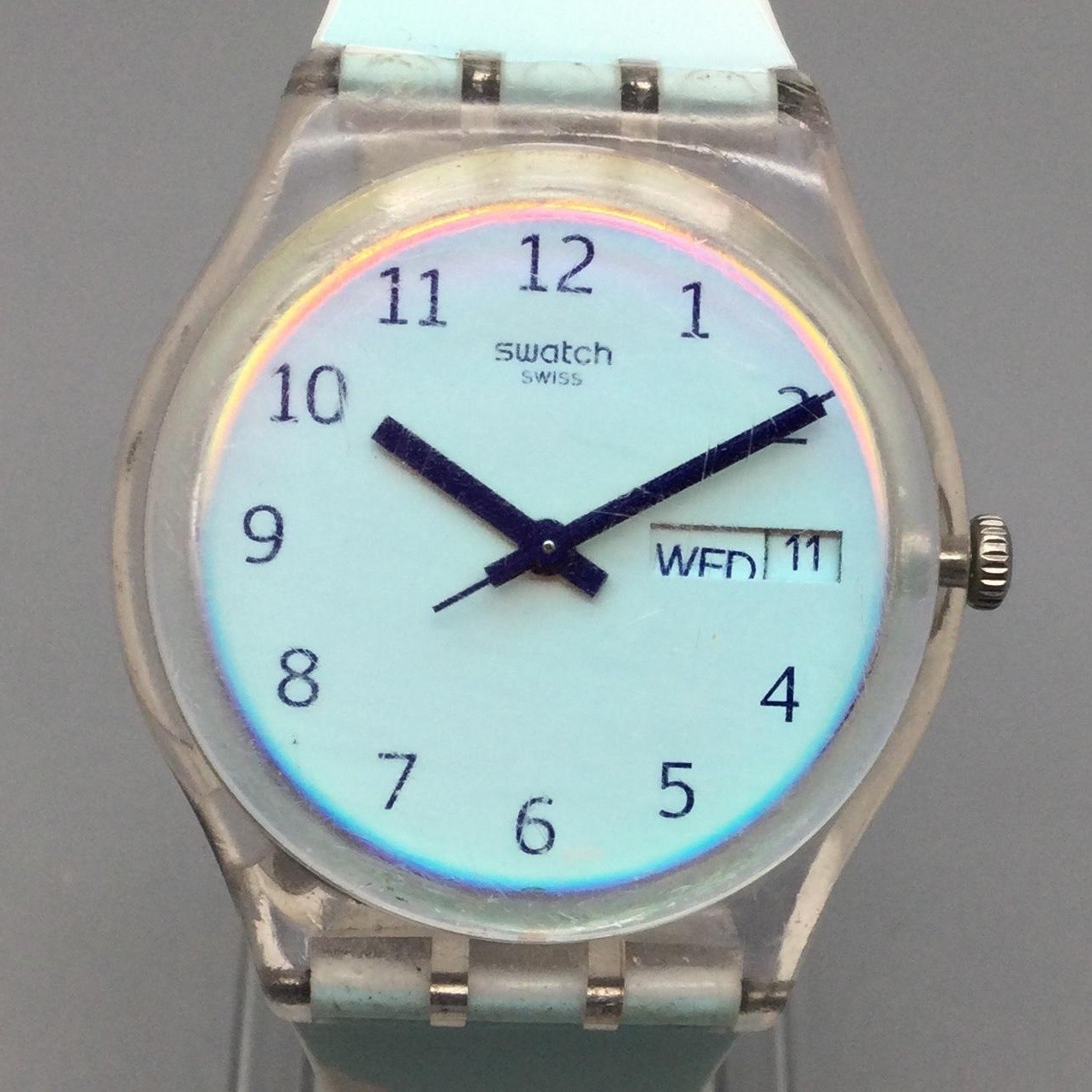 Swatch Ultraciel GE713 Womens Watch 34mm Clear Case Day Date Swiss New Battery