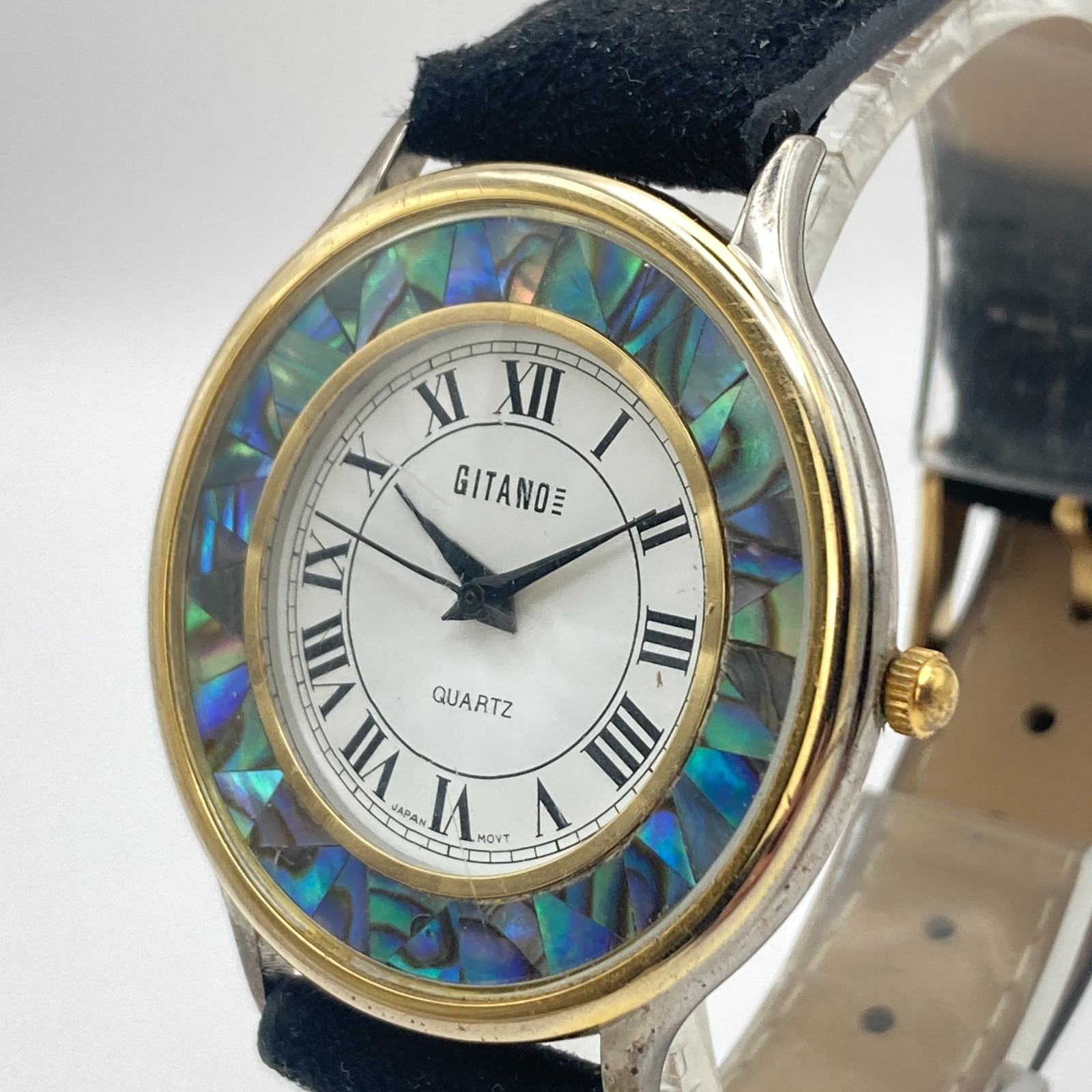 Vintage Gitano Women’s Watch 38mm Abalone Mosaic Gold Tone Velvet New Battery