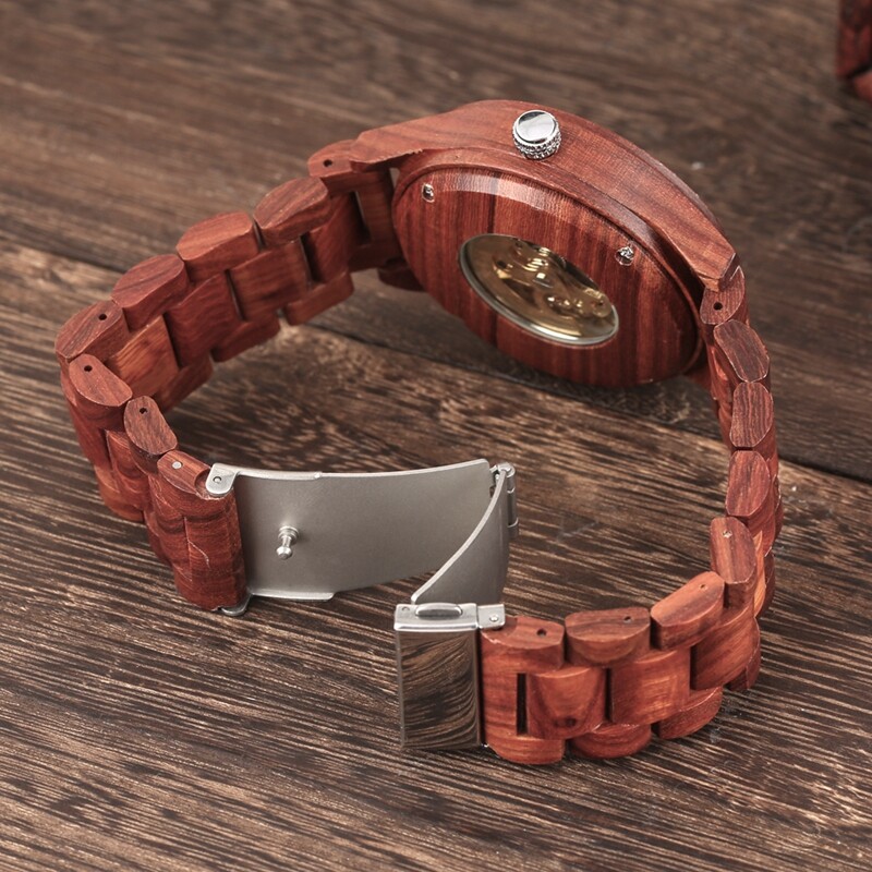 Classic Wooden Watch Men’s Auto Mechanical Wrist Watches Skeleton Wood Strap