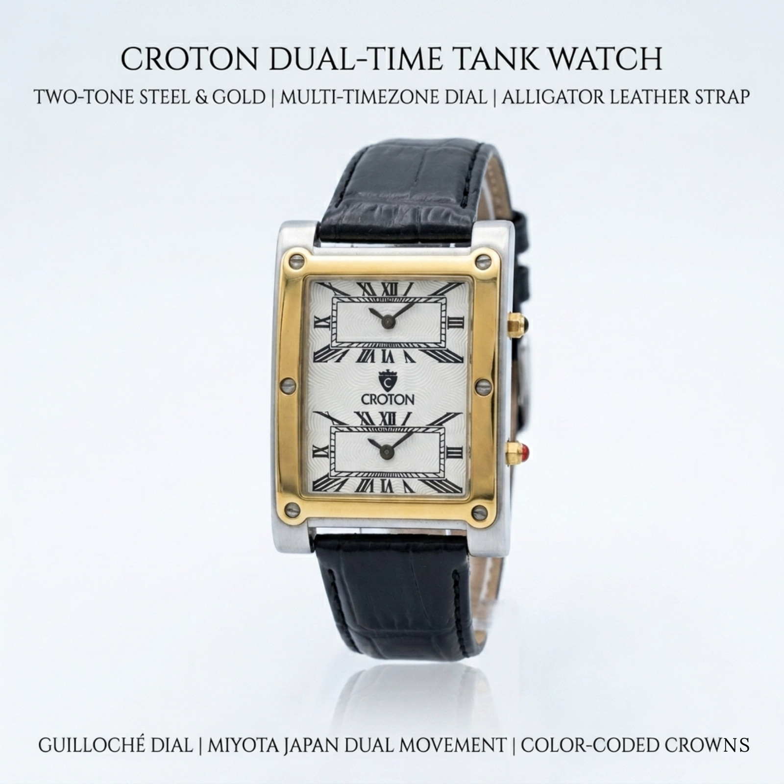 Croton Dual Time Tank Watch • Two-Tone Silver & Gold • 43 mm • Luxury Wristwatch