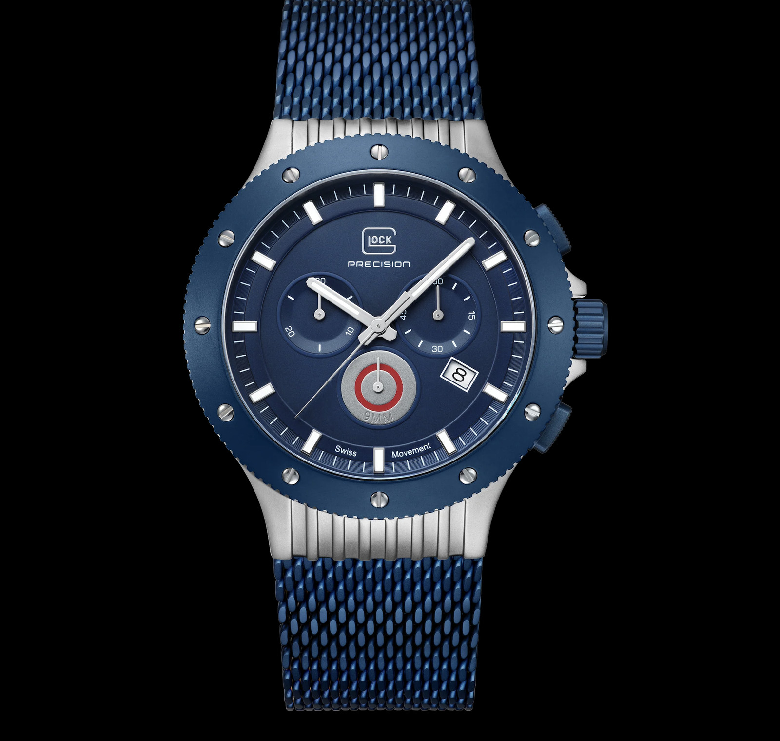 NOS 44mm Glock Precision GW-27-3-24 Blue Dial Quartz Wristwatch Swiss Titanium