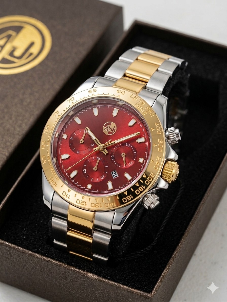 AJ Men’s Two-Tone Watch – Red Sunburst Dial – Gold & Silver Bracelet – New In…