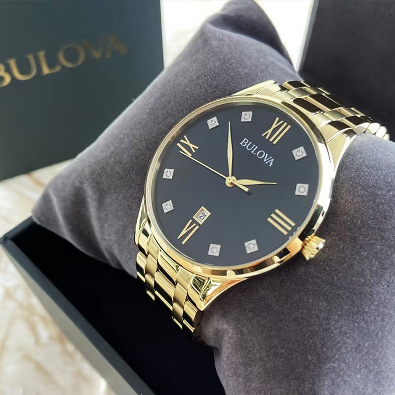 Bulova Classic 97D108 Black Dial Gold Bracelet Men Quartz Watch 40MM New