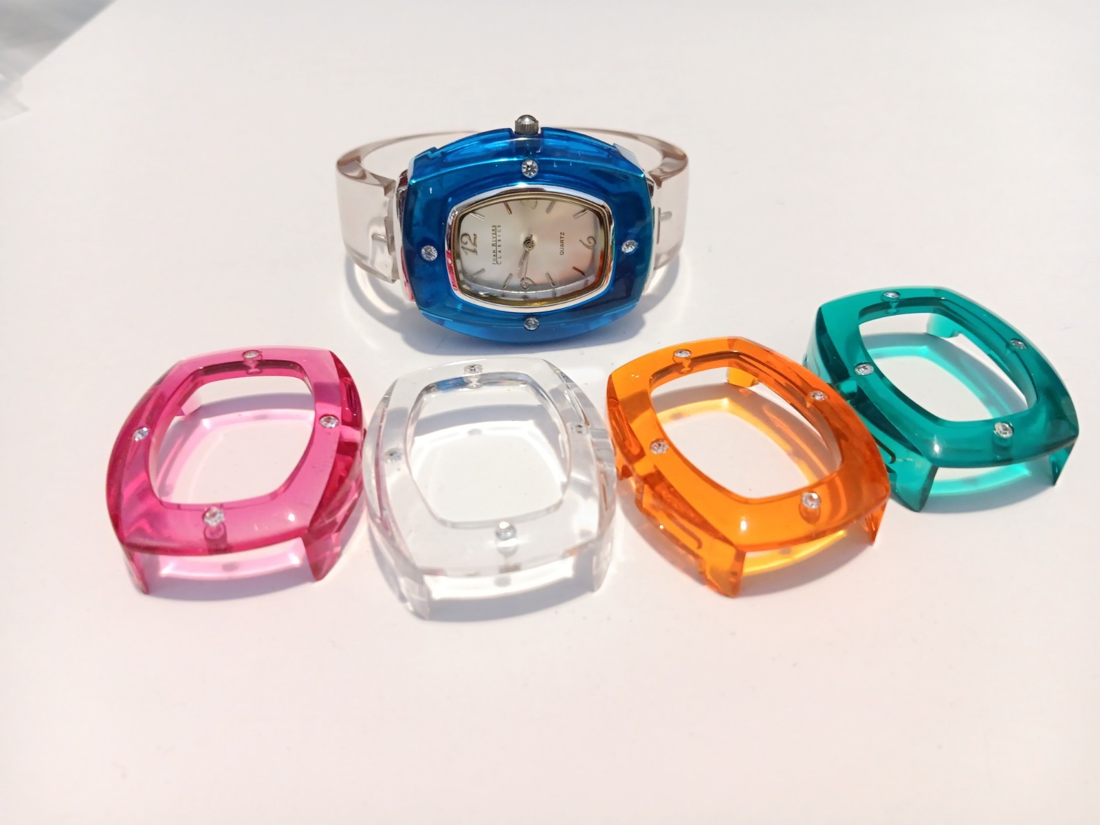 Joan Rivers blue orange clear pink green Lucite Cuff Watch Quartz