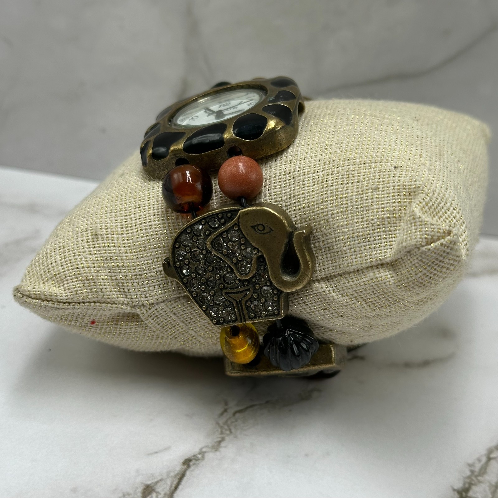 Chico’s Watch Women Bronze Tone Elephant Beaded Stretch Bracelet New Battery