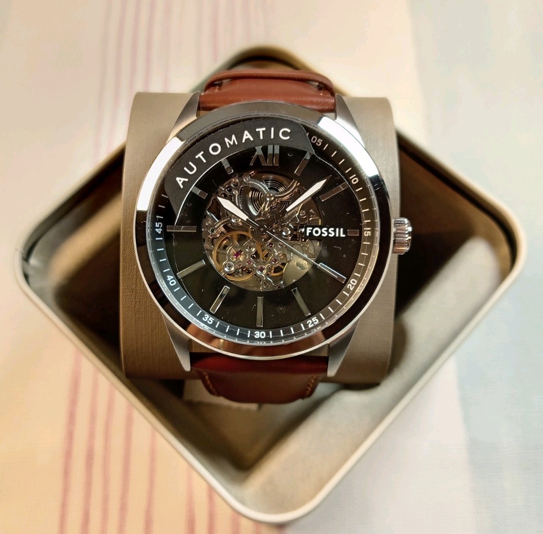 Fossil BQ2386 Flynn Automatic Brown Leather Strap Watch Brand New