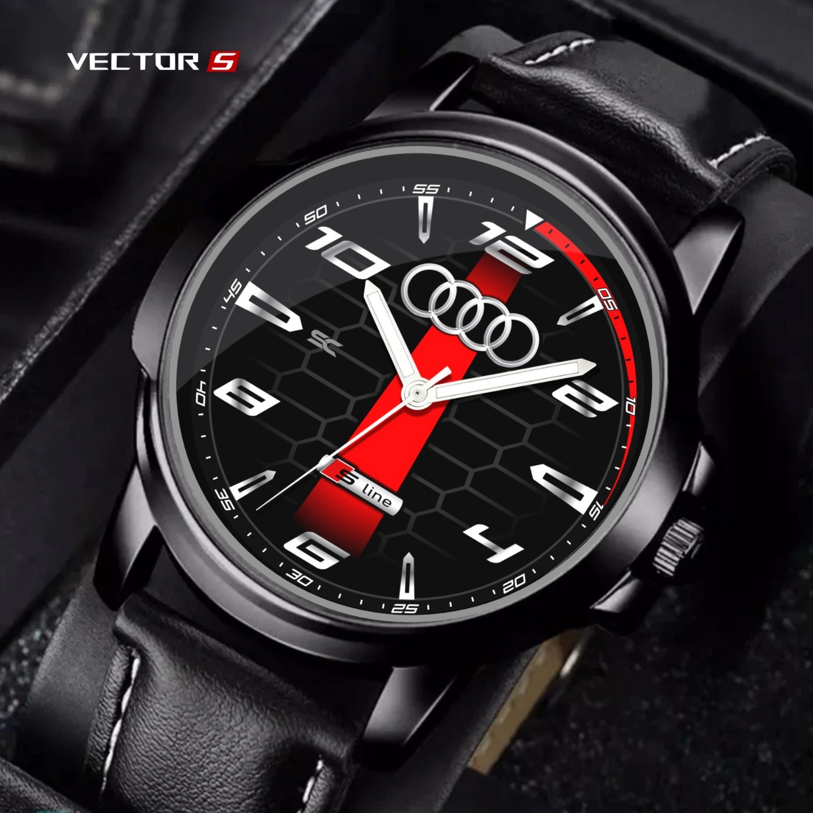Audi Sport Heritage Stripe Black & Red Fan Art Quartz Wrist Watch RS