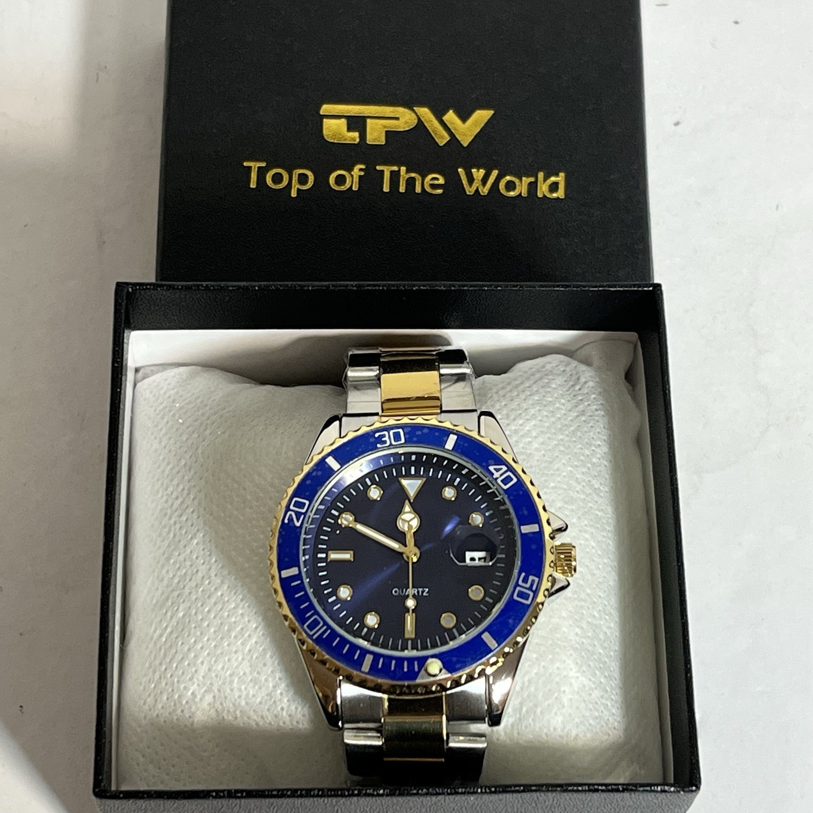TPW Top of The World Quartz Diver Watch Blue Dial Two-Tone Bracelet Date Box
