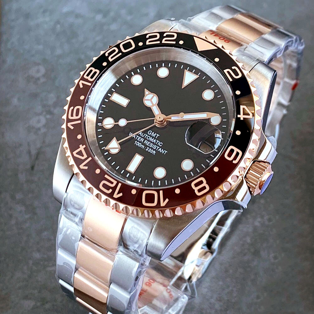 40mm NH34A Automatic Men Diver Watch GMT Rose Gold 200m Waterproof Jubilee Strap