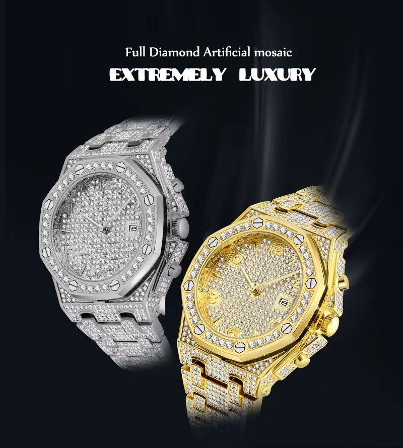 Moissanite like Zircon(AAA) diamond Quartz Watch | Octagonal Waterproof Calendar