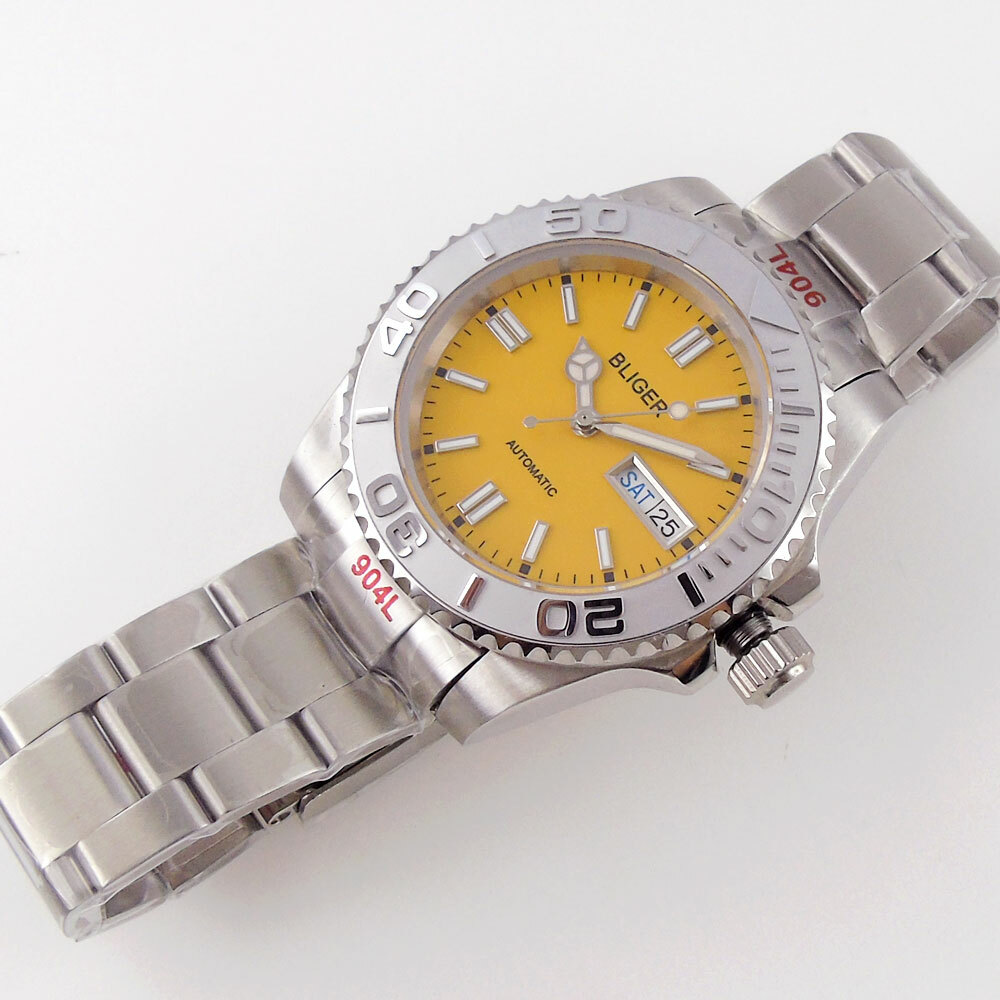 Sapphire Men’s Automatic Watch NH36 Day/Date Yellow Dial Ceramic Bezel Bracelet