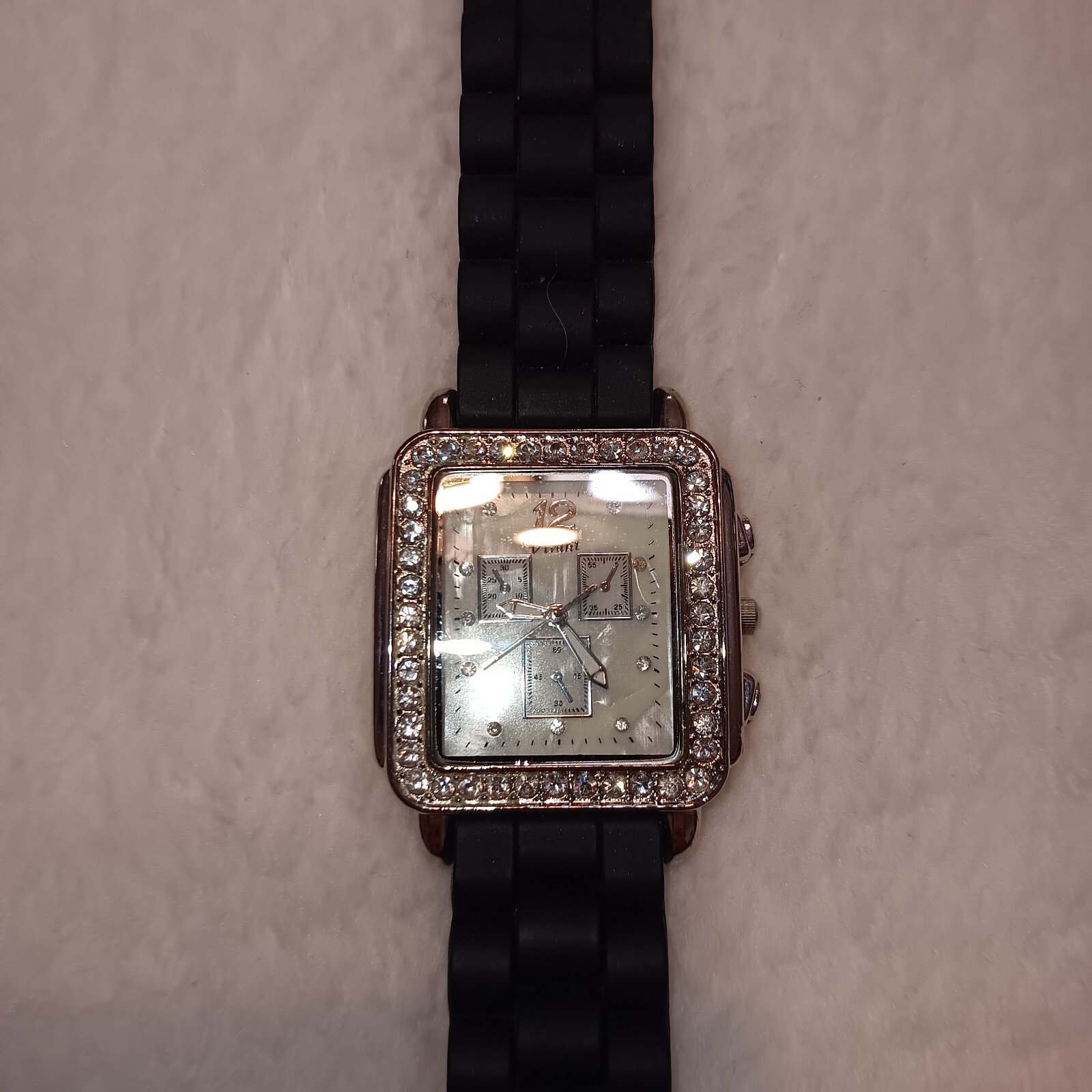 Vivani Accutime Ladies Watch Rhinestones Black Plastic Band, Needs Battery