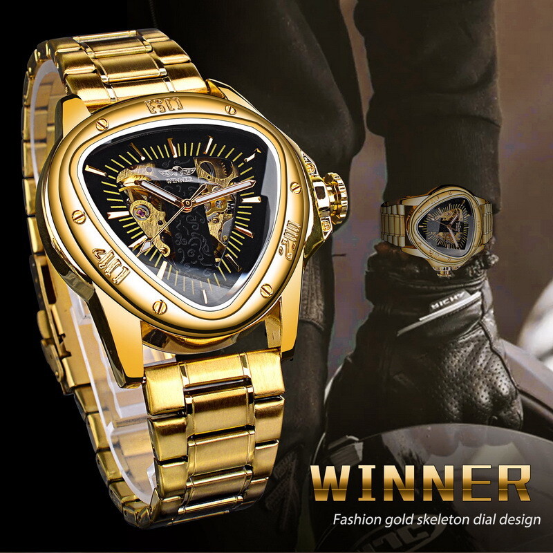 WINNER Mens Triangle Watch Steel Belt Skeleton Automatic Mechanical WristWatch