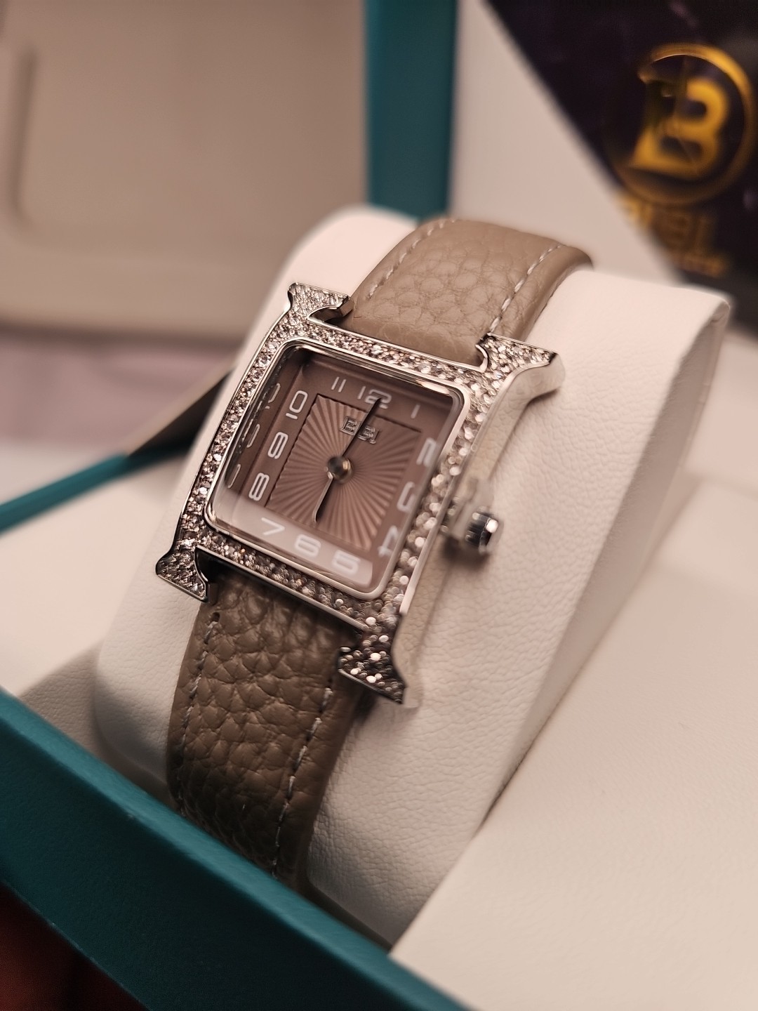 BIBI GRAY Sunburst Dial Silver Square Case Black Cowhide Band Dress Watch