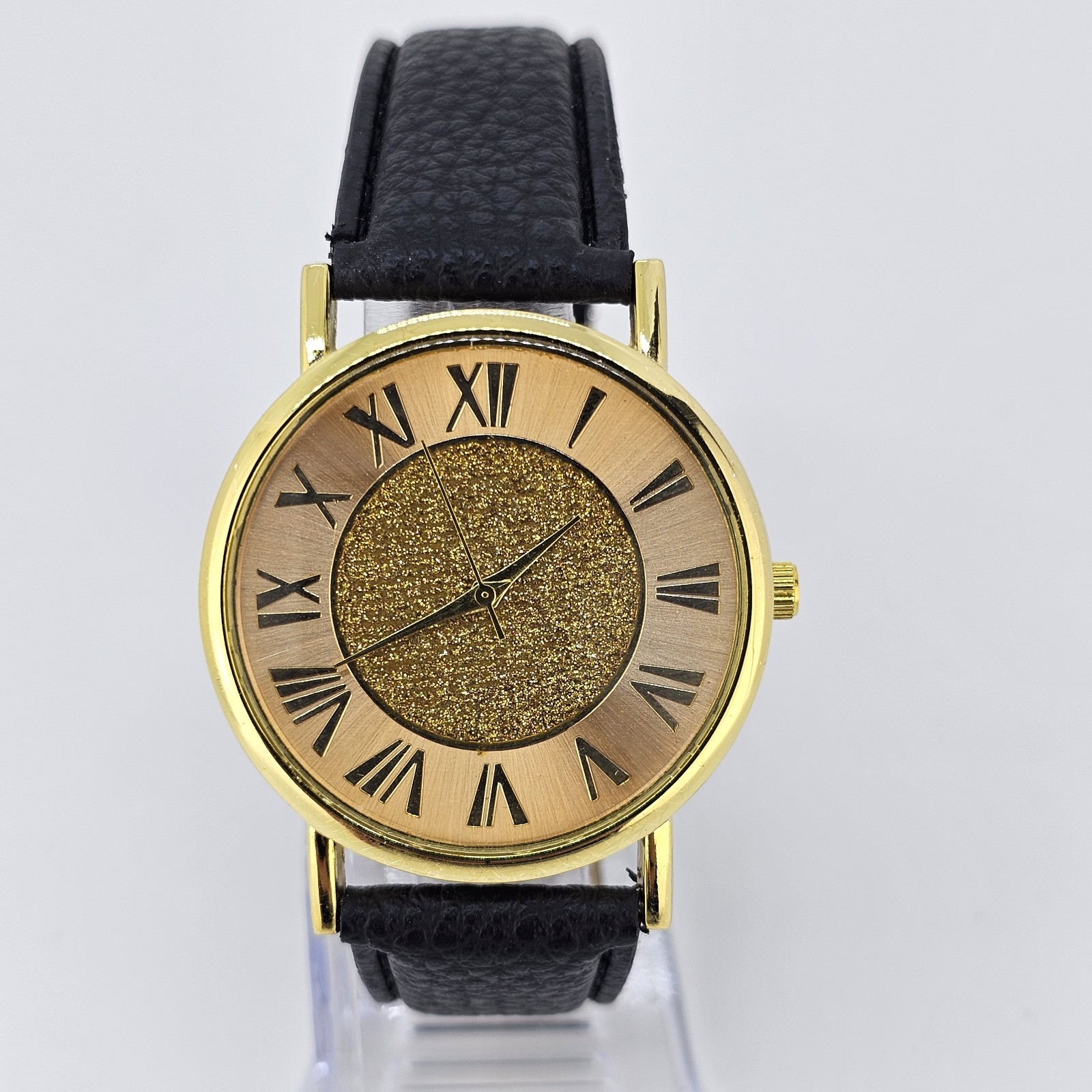 Unisex Watch 38MM Gold Dial Roman Numerals Black Faux Leather Bands New Battery