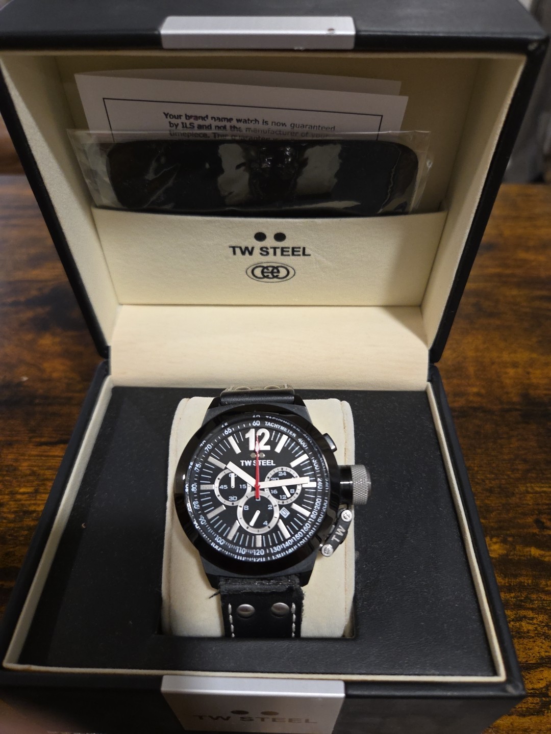 TW Steel CEO Chronograph Analog Wristwatch Black Leather Strap Water Resistant