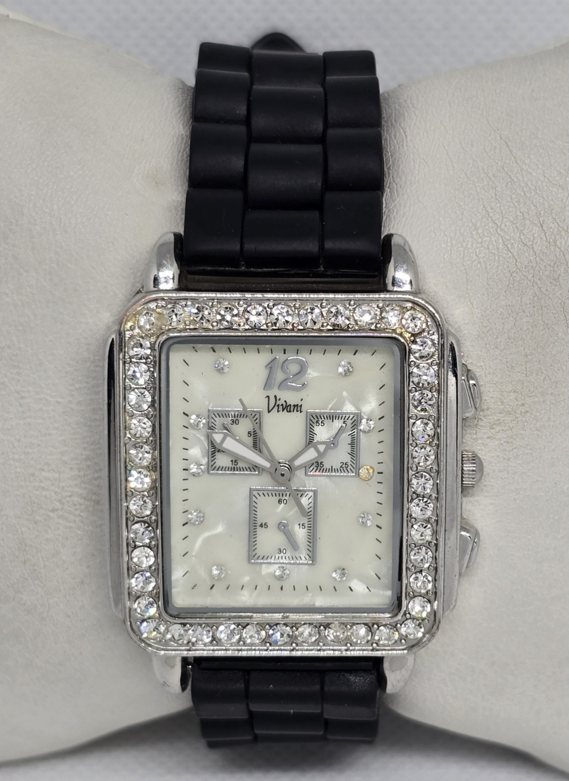 Women’s Vivani Rectangle Silver Tone Rhinestones Black Silicone Strap Watch 12