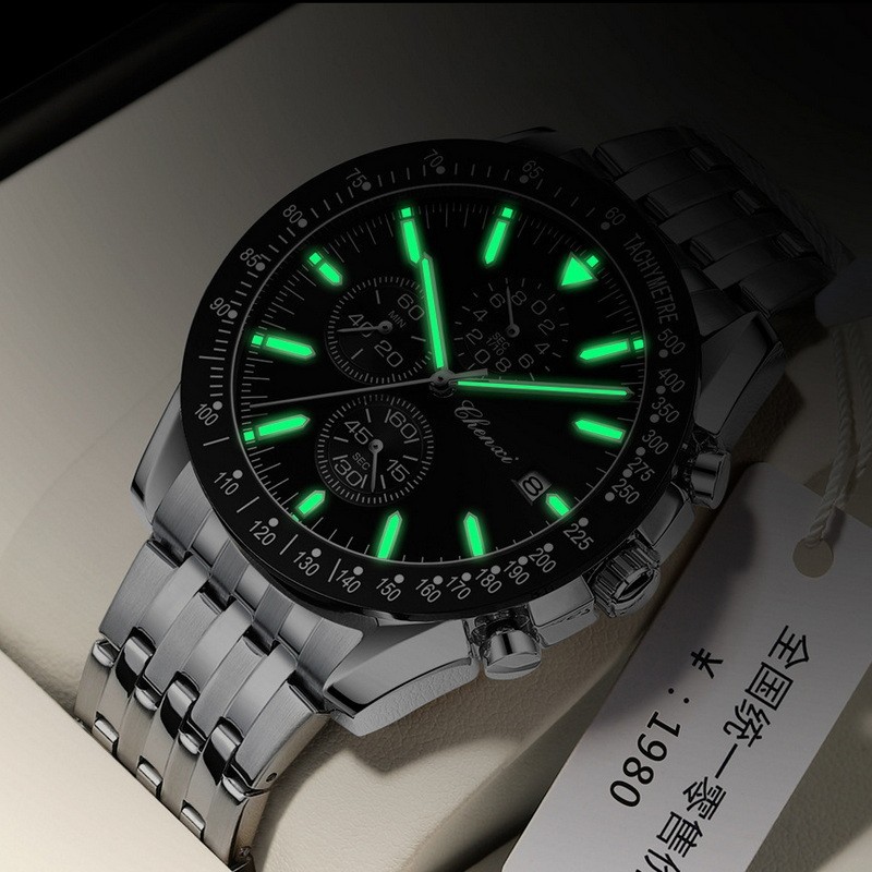 CHENXI Men Luxury Black Leather Calendar Business Sport Chronograph Quartz Watch