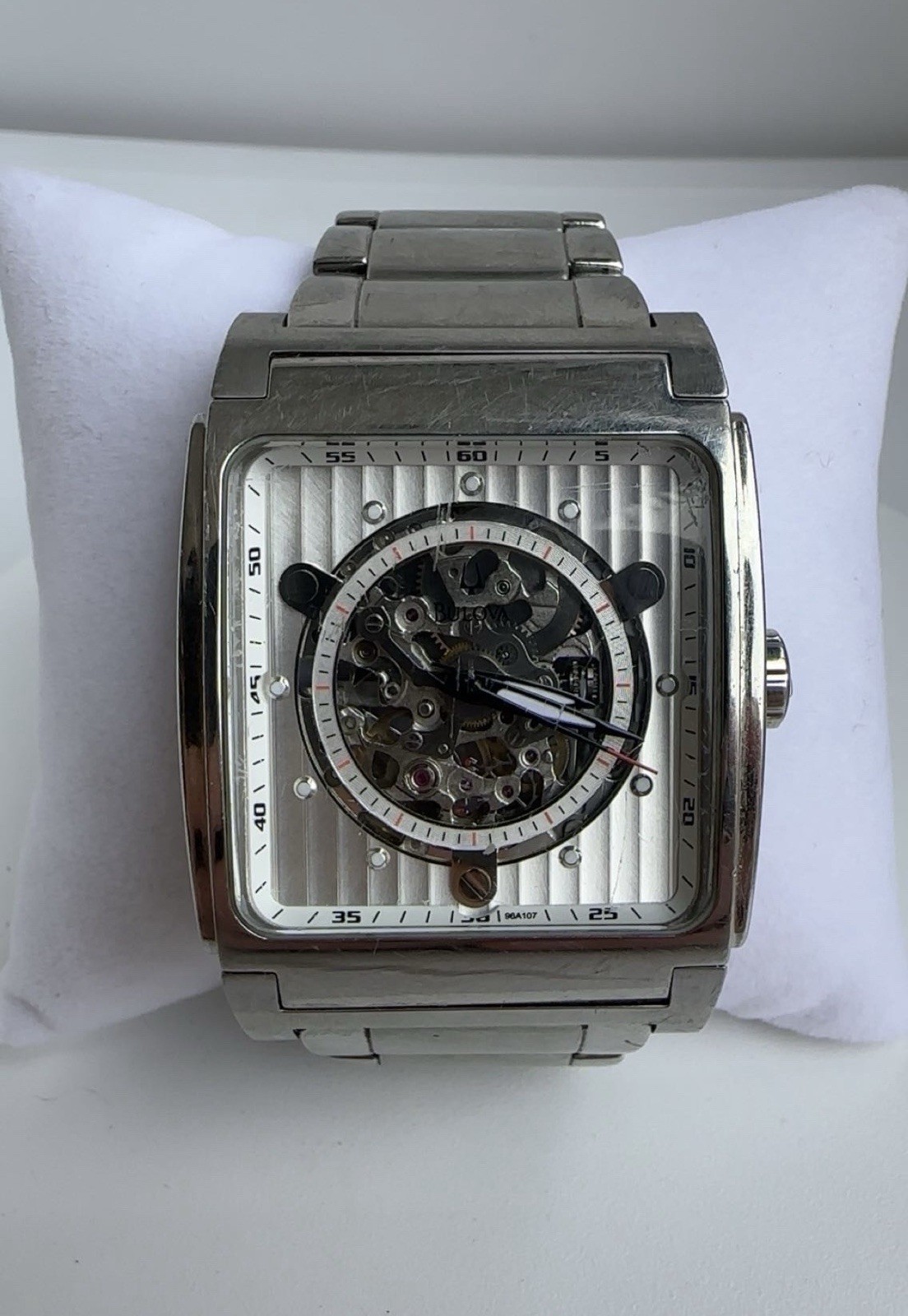 Bulova Men’s Self-Winding Skeleton Watch 96A107, Stainless Steel Square Case