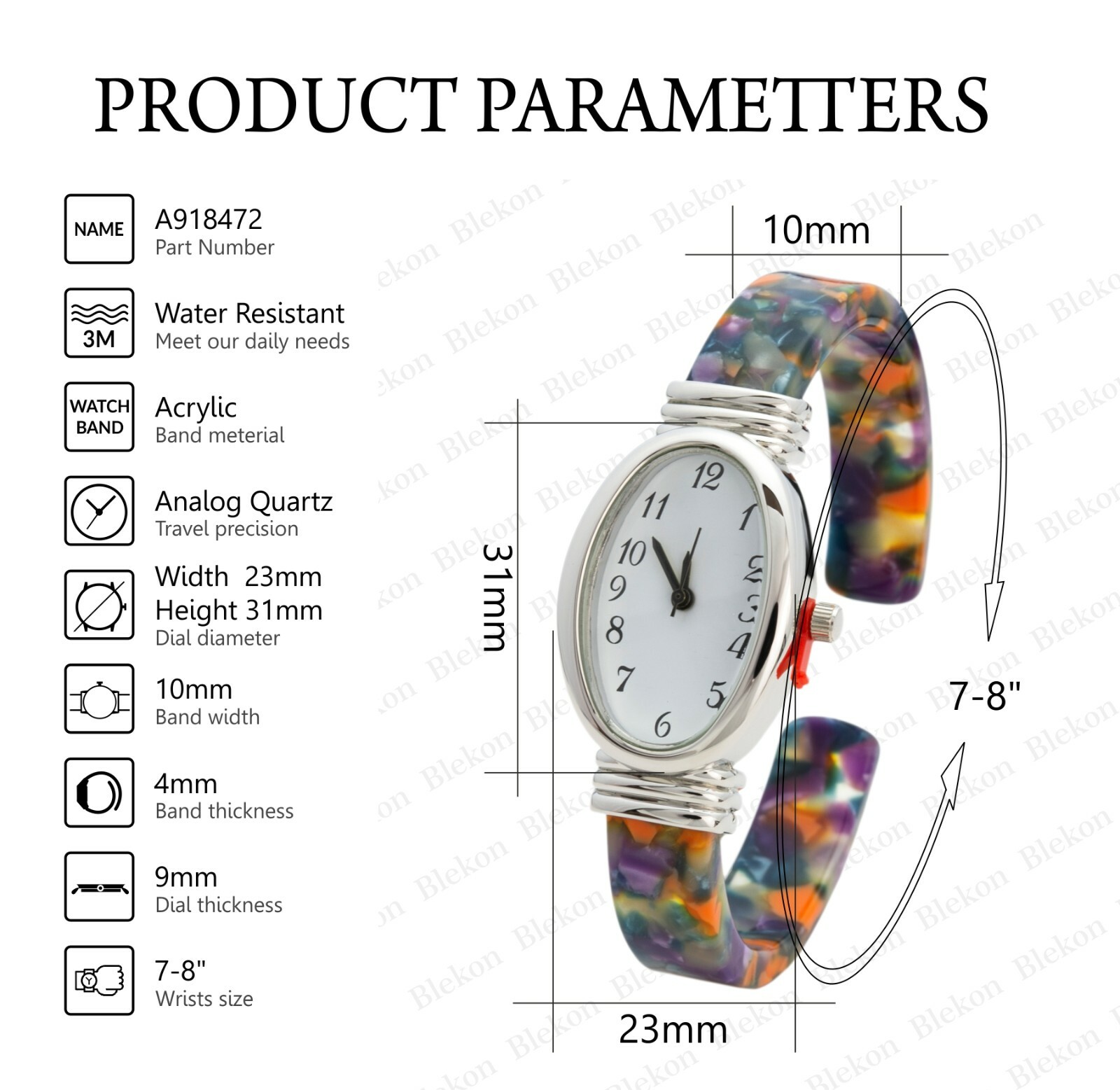 Blekon Collections Women’s Quartz 21mm Oval Case Colored Acrylic Bangle Watch