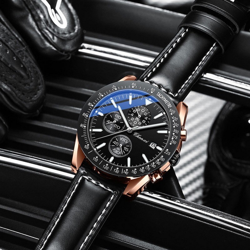 CHENXI Men Luxury Black Leather Calendar Business Sport Chronograph Quartz Watch