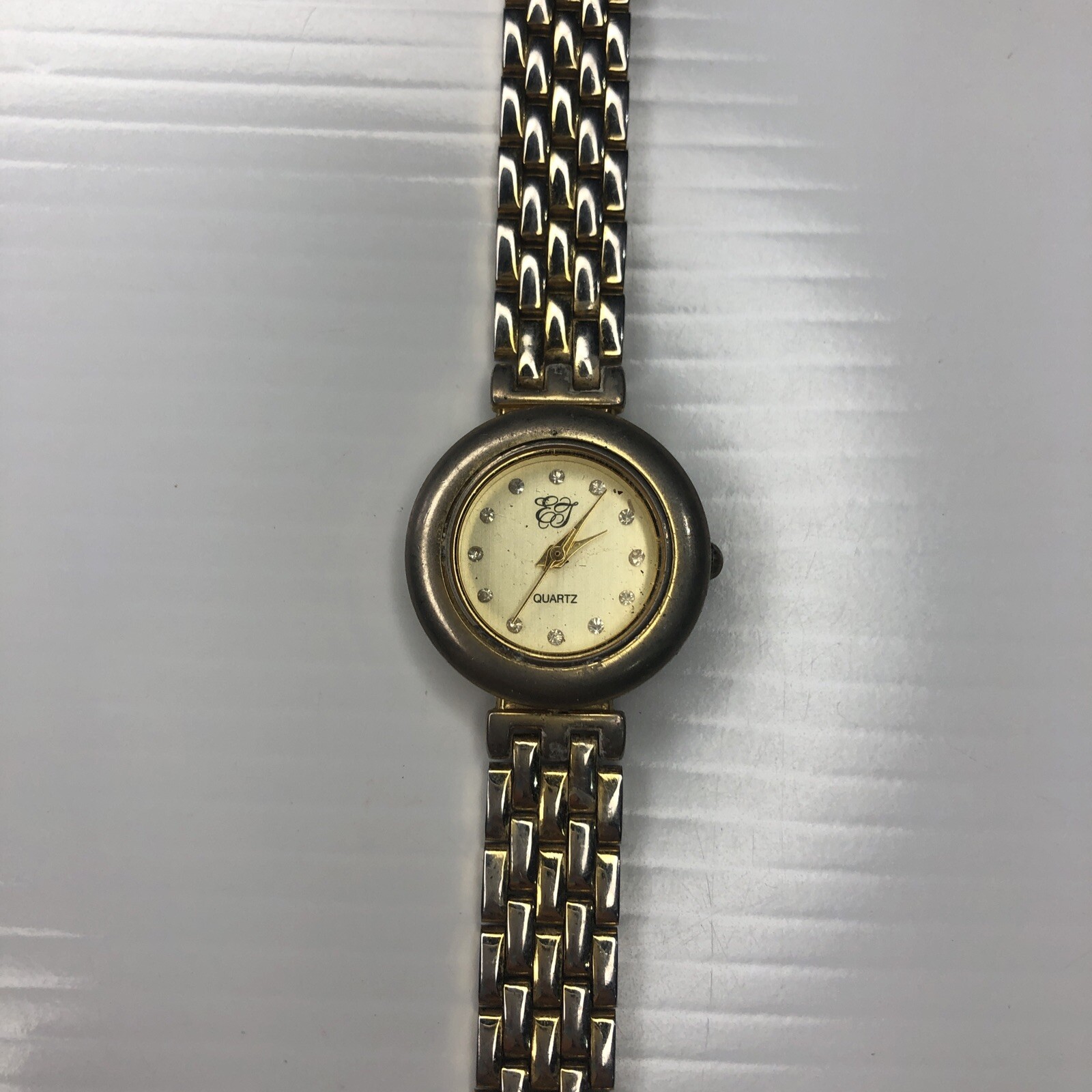 X10 Ellen Tracy Crystals Quartz Gold Japan Stainless Ladies Untested 7.25”