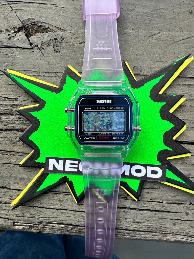 Purple Holo Watch – Rainbow Holographic Glitter Dots – Clear SKMEI Digital Watch