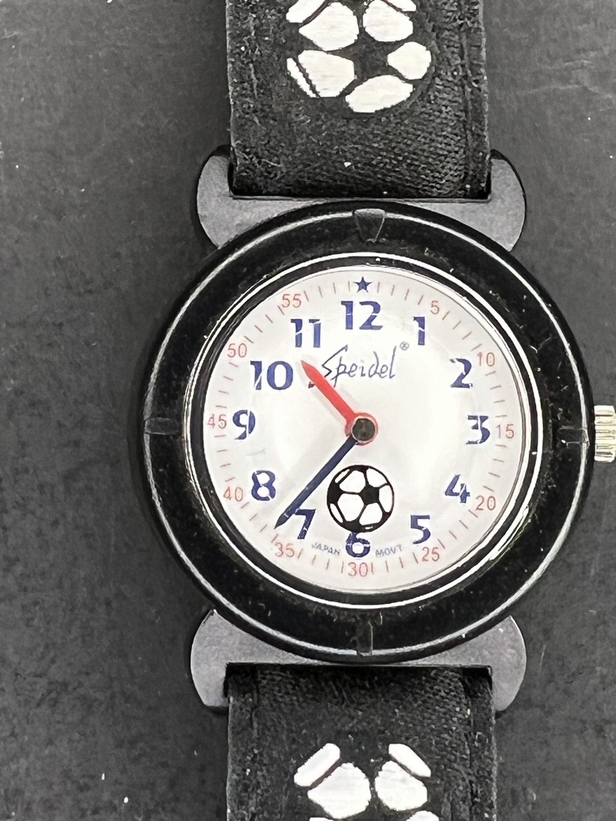 Speidel Womens Children Soccer Watch 28mm Black Resin Case Cloth Band Clasp 689