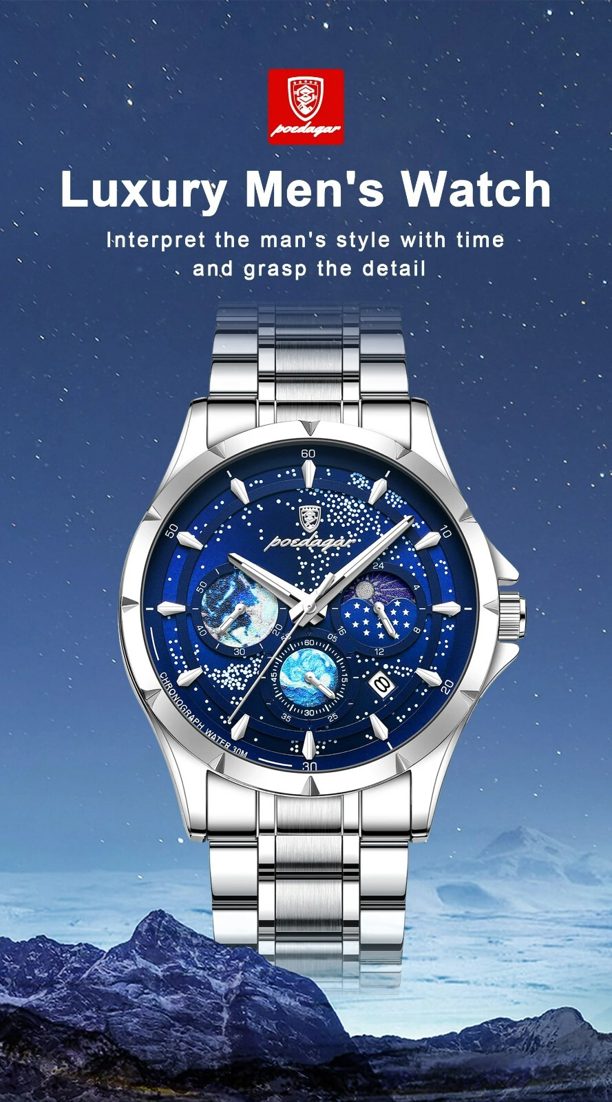 Waterproof Luminous POEDAGAR Luxury Men’s Watch Chronograph Stainless Men Strap