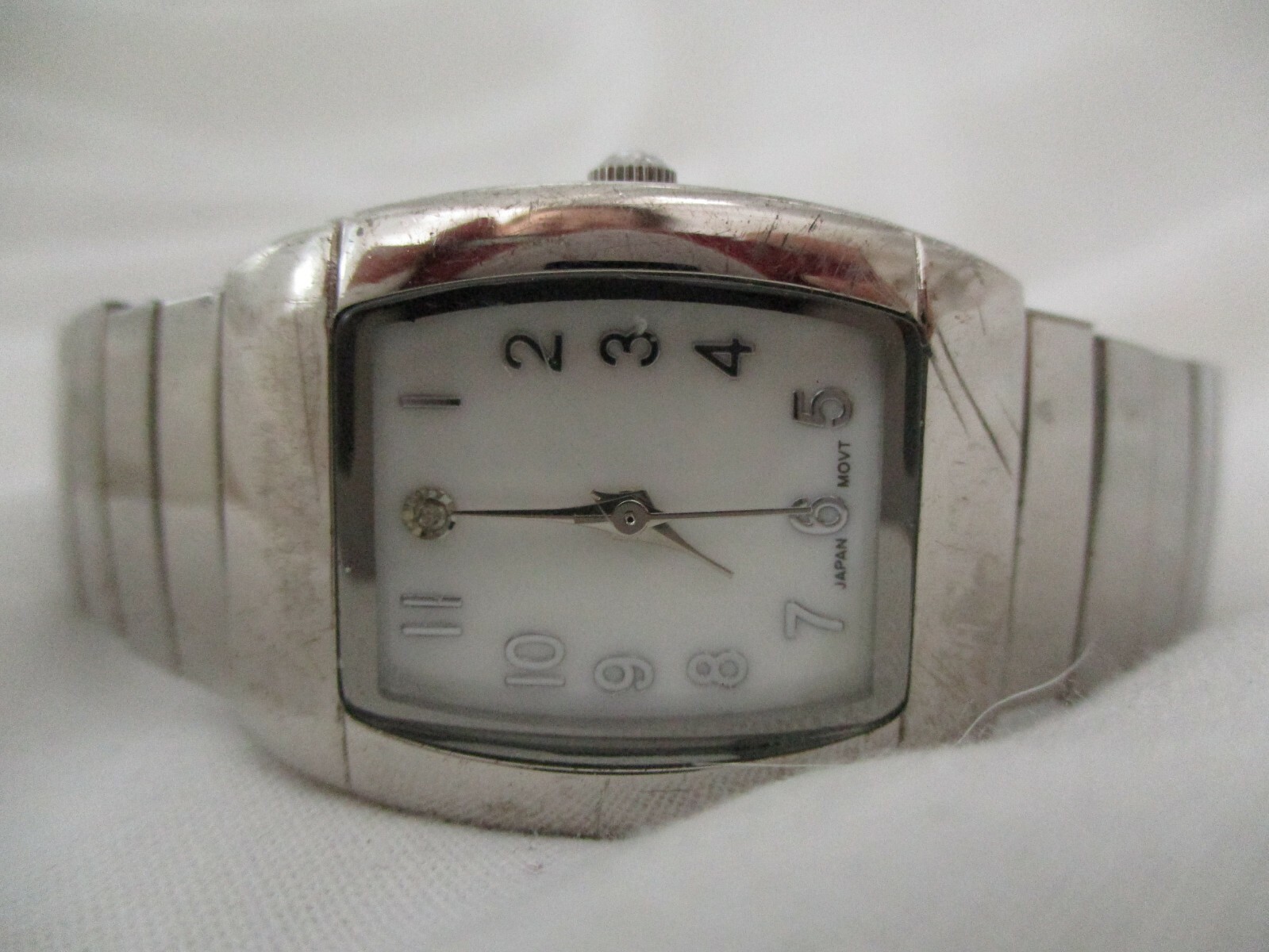 Watch Silver Toned Stretchy Band White Rectangular Face Glamorous WORKING!