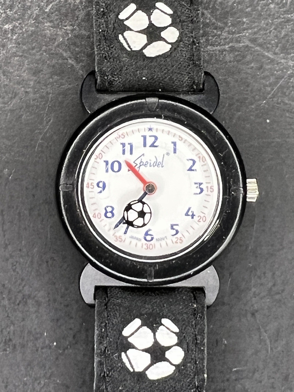 Speidel Womens Children Soccer Watch 28mm Black Resin Case Cloth Band Clasp 689