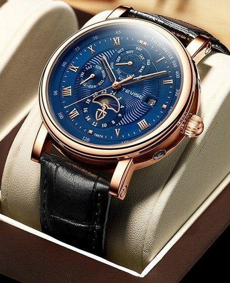 NEW Rose Gold Blue Watch Mens Business Sport Automatic Mechanical Wristwatch