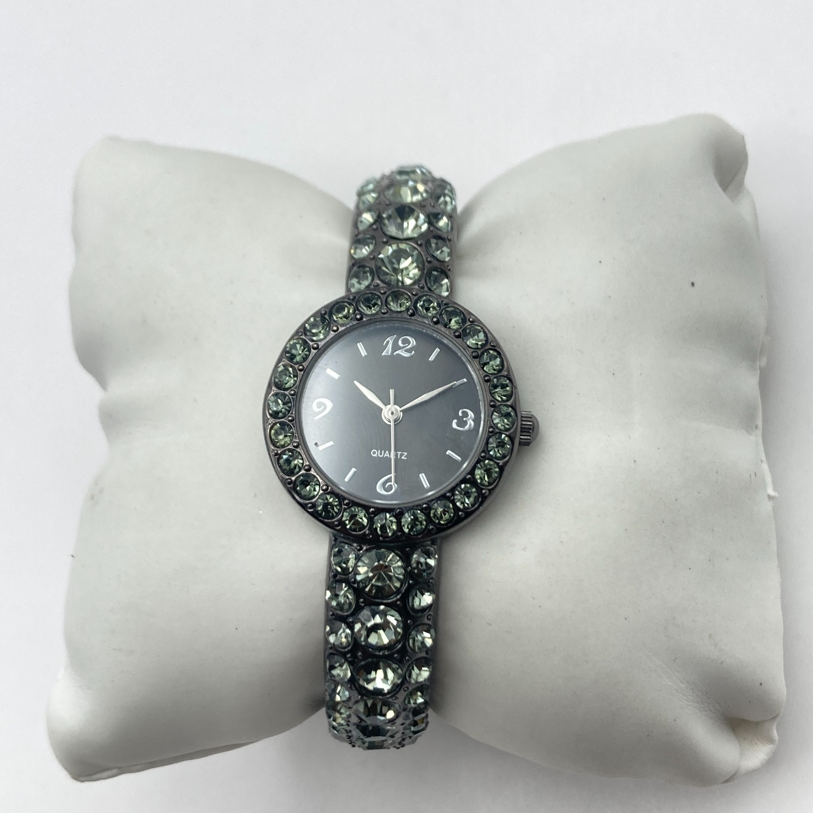 Modern Women’s Watch Black Metallic Cuff 24mm Crystals Bling New Battery 6.5″
