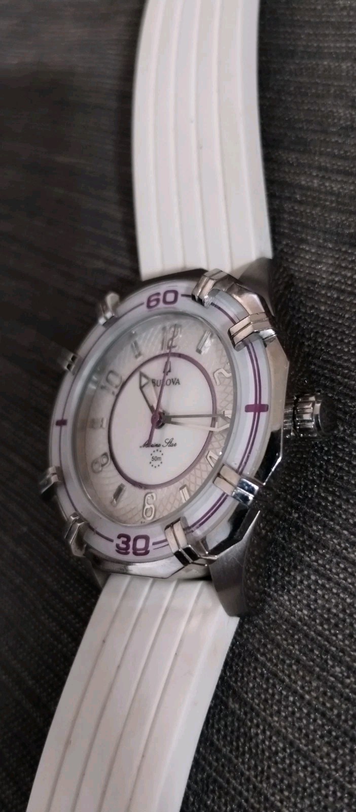 Bulova Marine Star Quartz Watch White/Silver w/ Purple Accents *SEE DESCRIPTION*