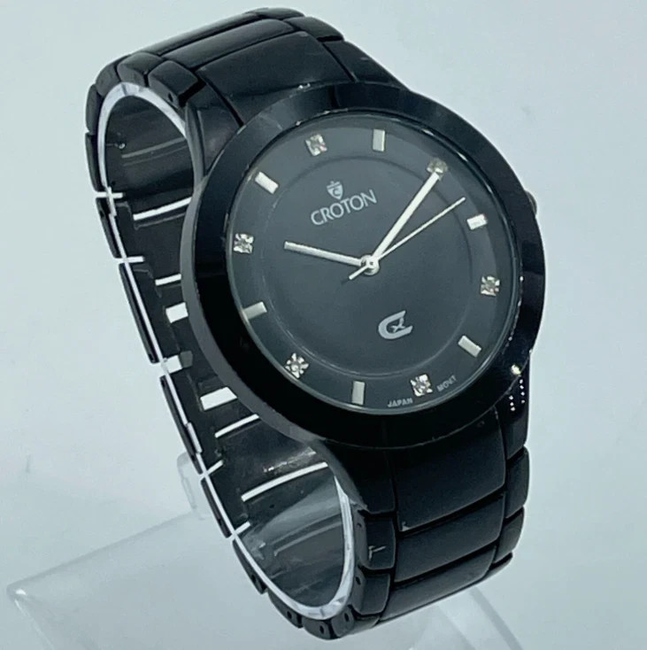 CROTON Mens Stainless Steel Watch Black Dial Diamond Accent New Battery 7in