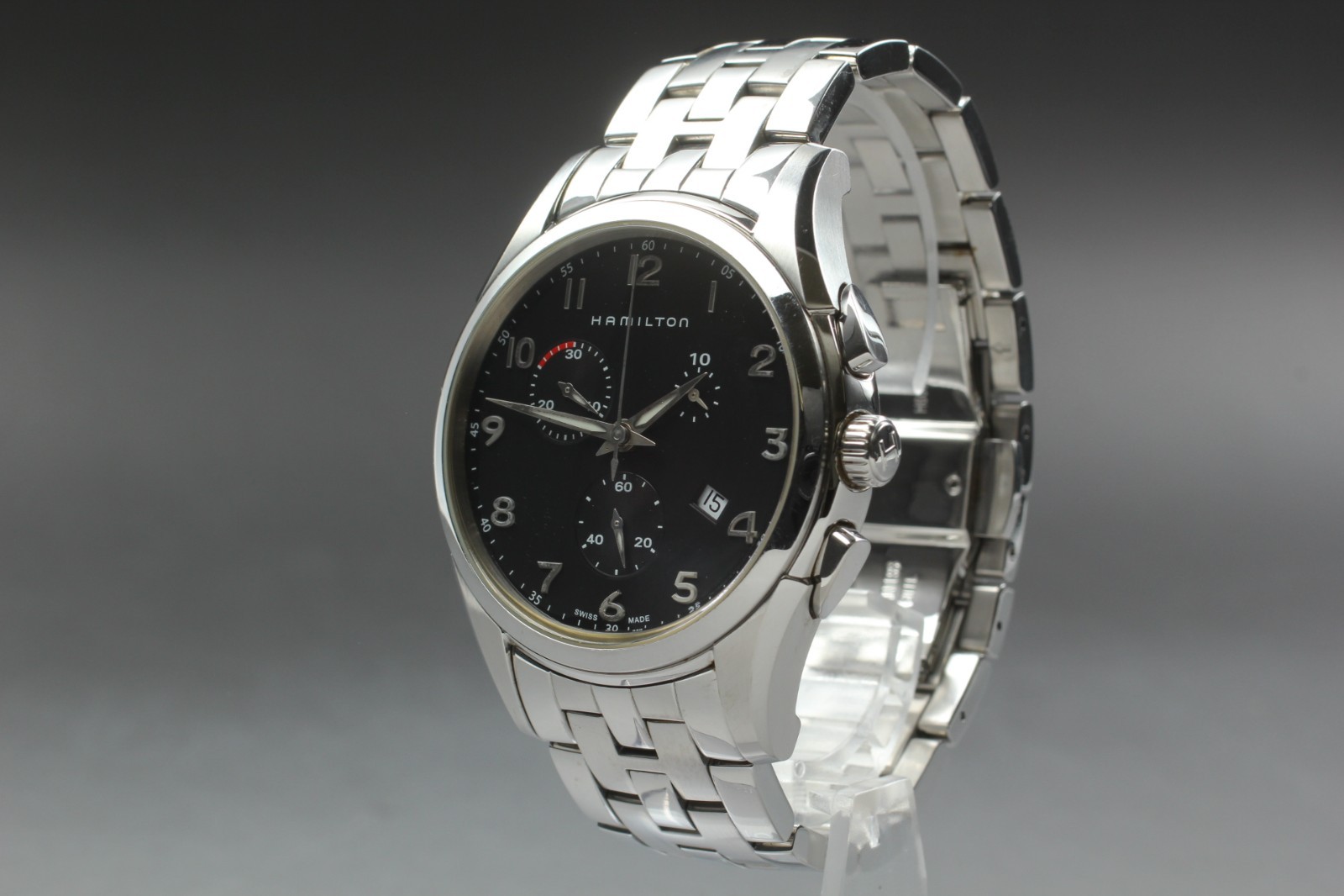 【EXC+5 w/ BOX】Hamilton Jazzmaster H386120 Black Dial Chronograph Qz Men’s Watch