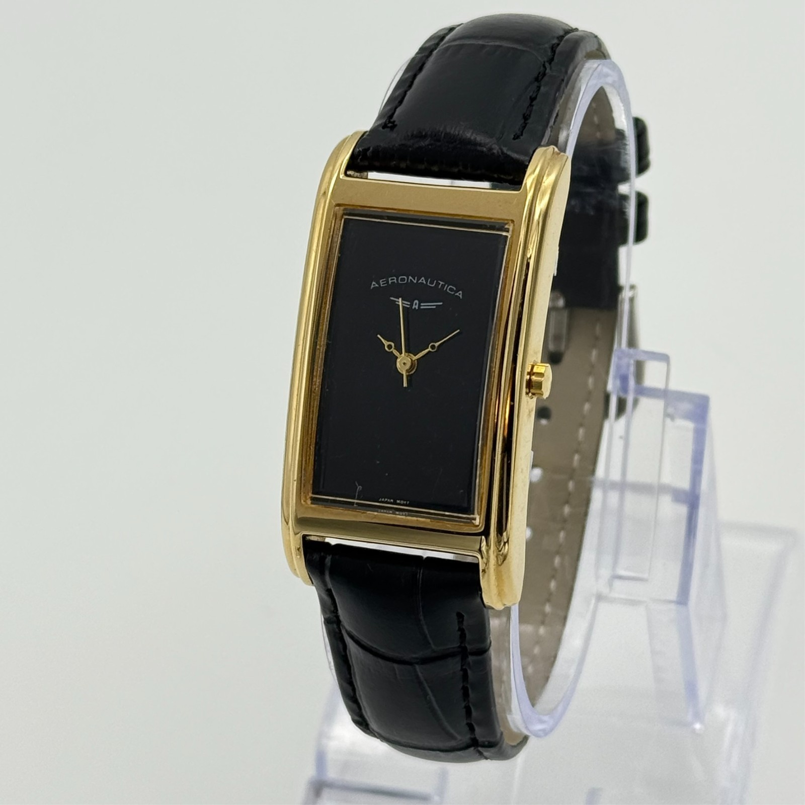 Unisex AERONATICA Gold Tone Rectangular Curved Dress Watch, 24mm, Black Leather