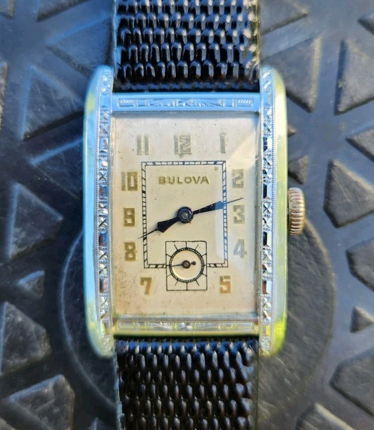 Vtg 1930 Bulova President Men’s 24mm Tank Watch 9AT Mechanical 14K GF Art Deco!!