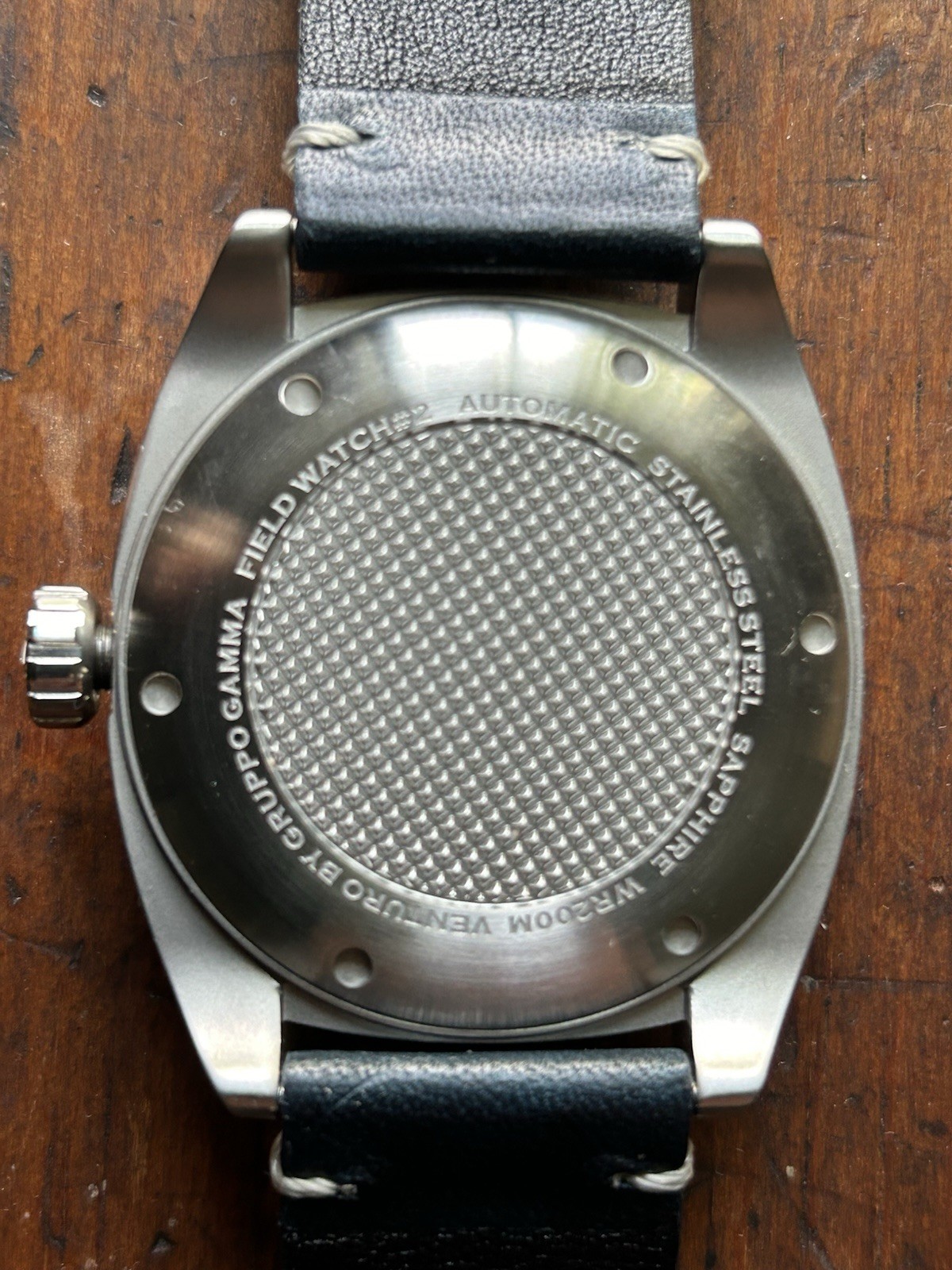 Venturo Gruppo Gamma Field Automatic Black Dial Cushion SS Case Black Leather