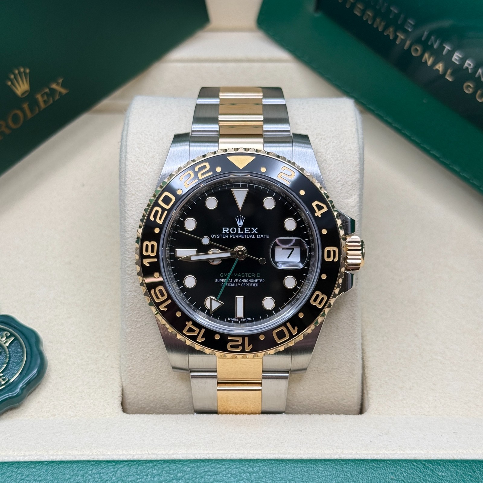 Rolex GMT-Master II Black Dial Two Tone Yellow Gold Black Ceramic Bezel Oyster